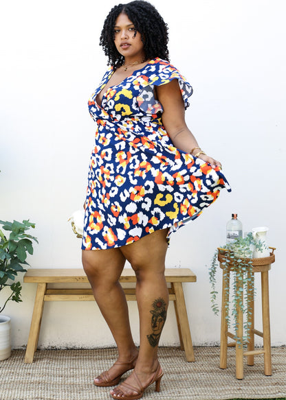 Plus Size Abstract Print Ruffle Sleeve Wrap Dress