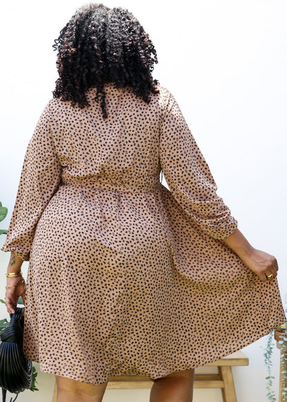 Plus Size Leopard Print Midi Dress with Faux Button Front