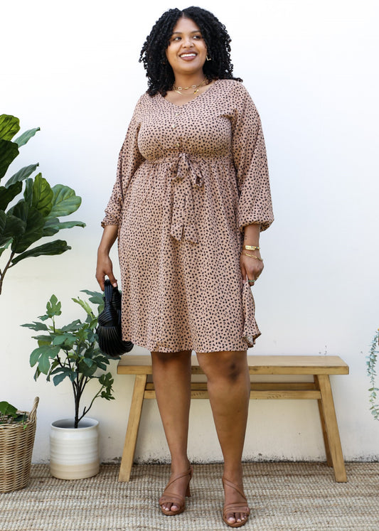 Plus Size Leopard Print Midi Dress with Faux Button Front