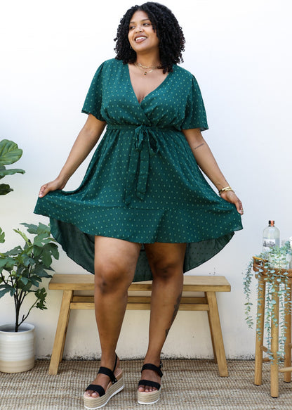 Plus Size Green Swiss Dot Midi Dress with High-Low Skirt