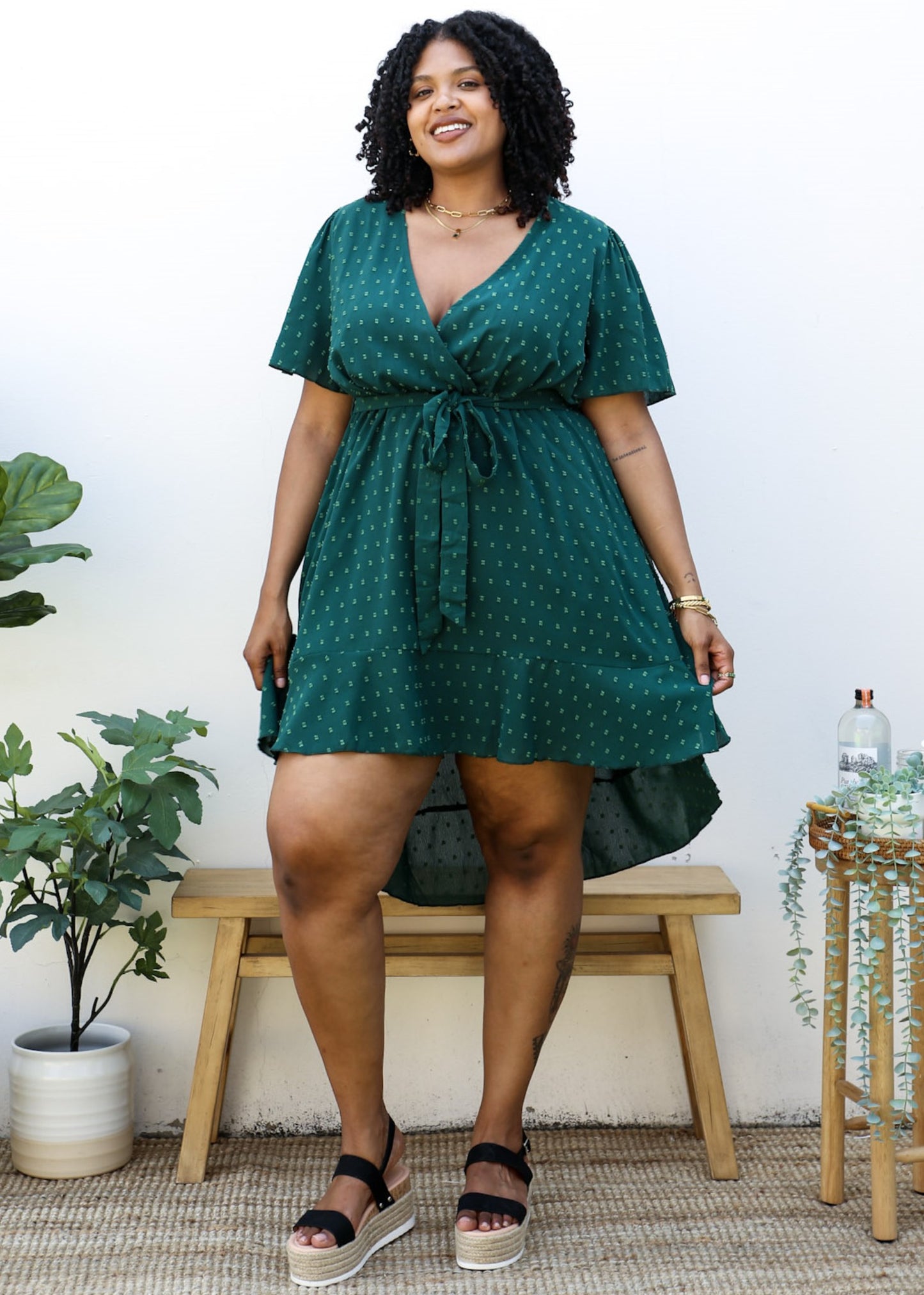 Plus Size Green Swiss Dot Midi Dress with High-Low Skirt