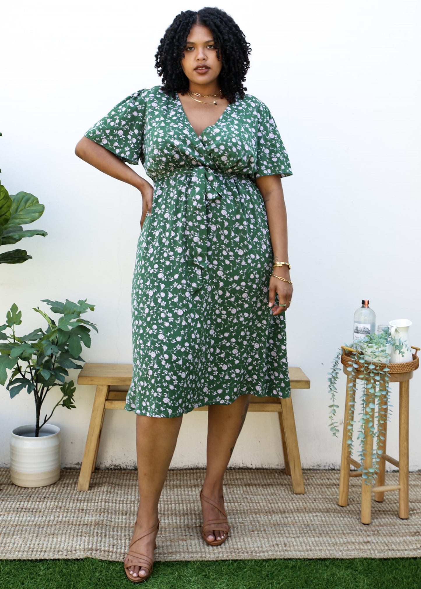 Plus Size Green Maxi Dress with Light Pink Floral Print