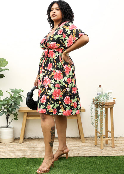 Vestido midi con estampado floral tropical y cinturón anudado en talla grande 