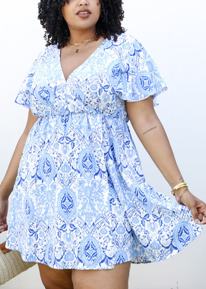 Plus Size Paisley Boho Print Ruffle Sleeve Swing Dress