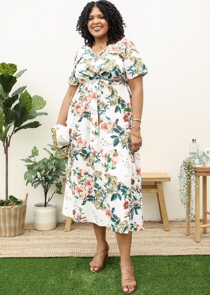 Vestido largo holgado con lazo en la cintura y estampado floral tropical de talla grande 