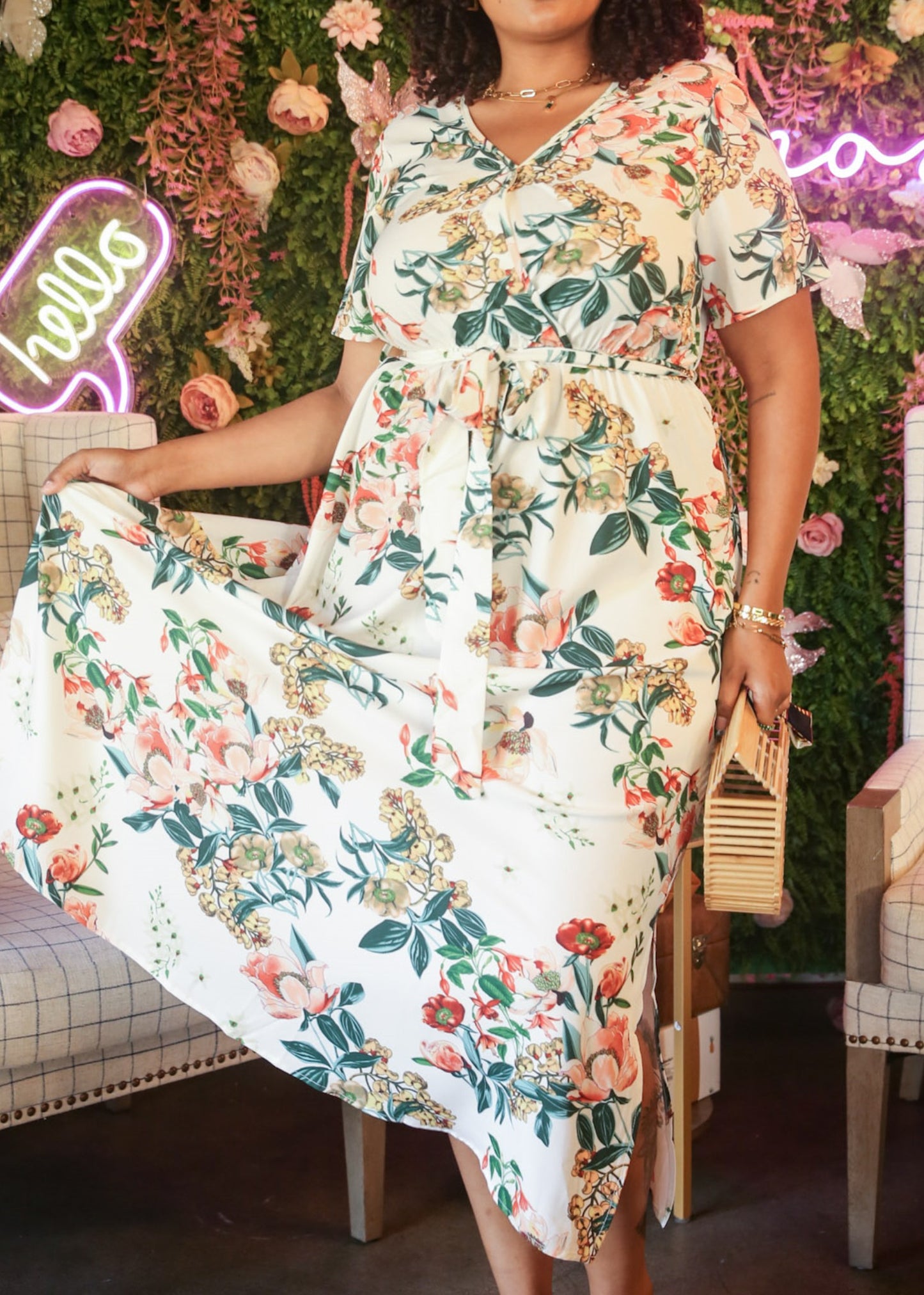 Vestido largo holgado con lazo en la cintura y estampado floral tropical de talla grande 