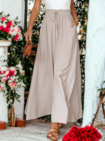 Shirred High Waist Gathered Tie Palazzo Pants