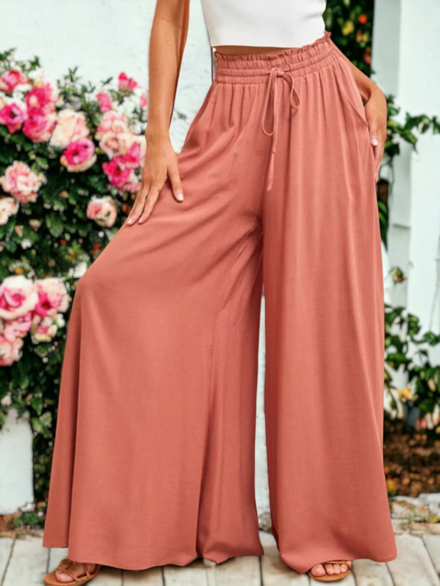 Shirred High Waist Gathered Tie Palazzo Pants