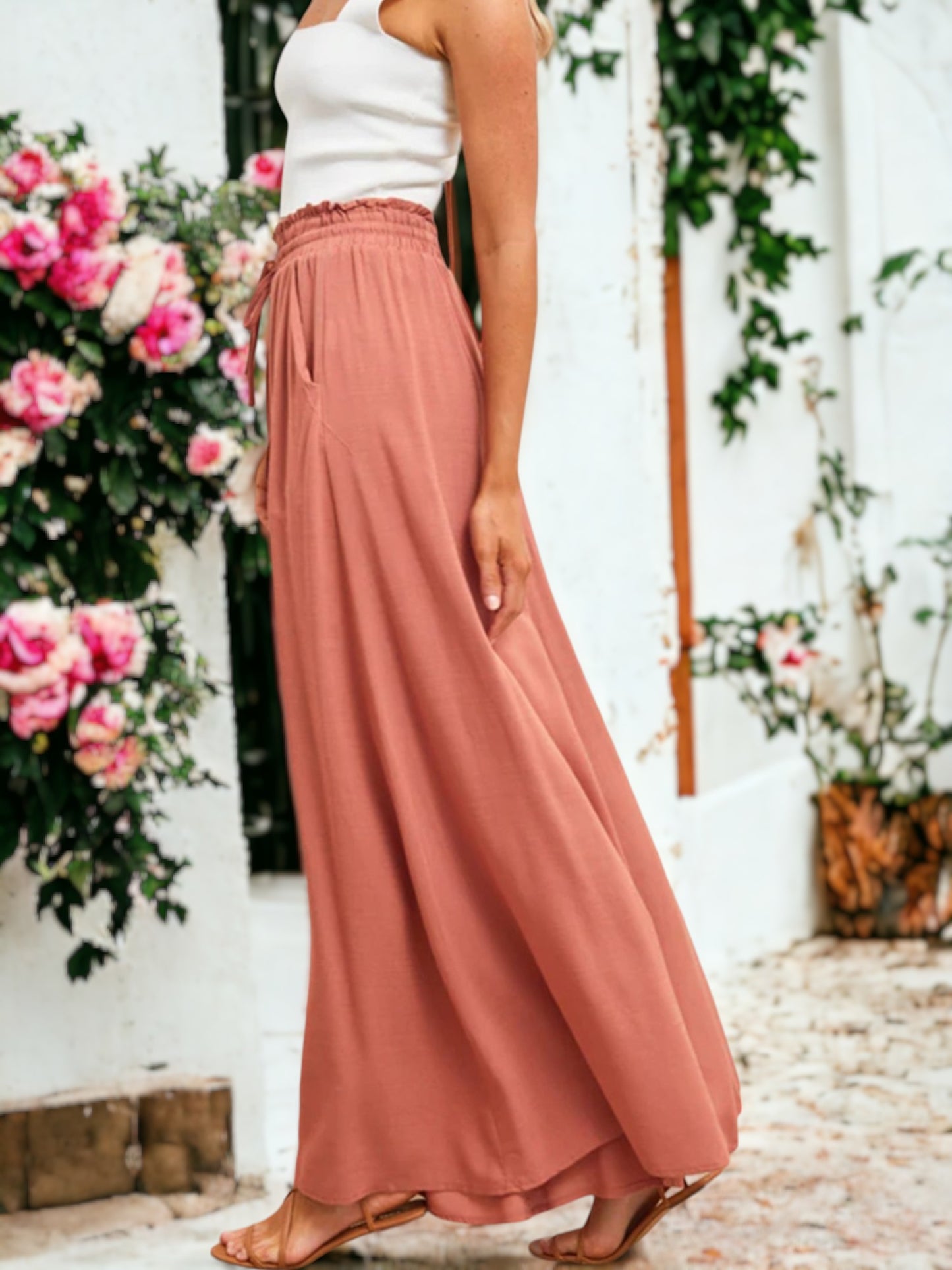 Shirred High Waist Gathered Tie Palazzo Pants