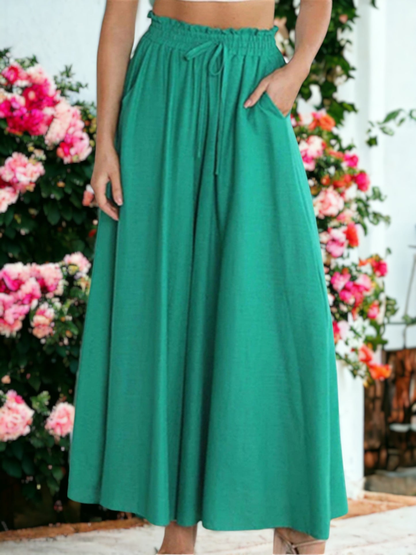 Shirred High Waist Gathered Tie Palazzo Pants