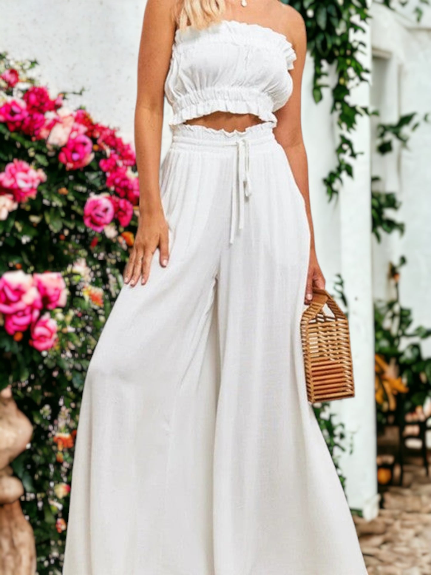 Shirred High Waist Gathered Tie Palazzo Pants