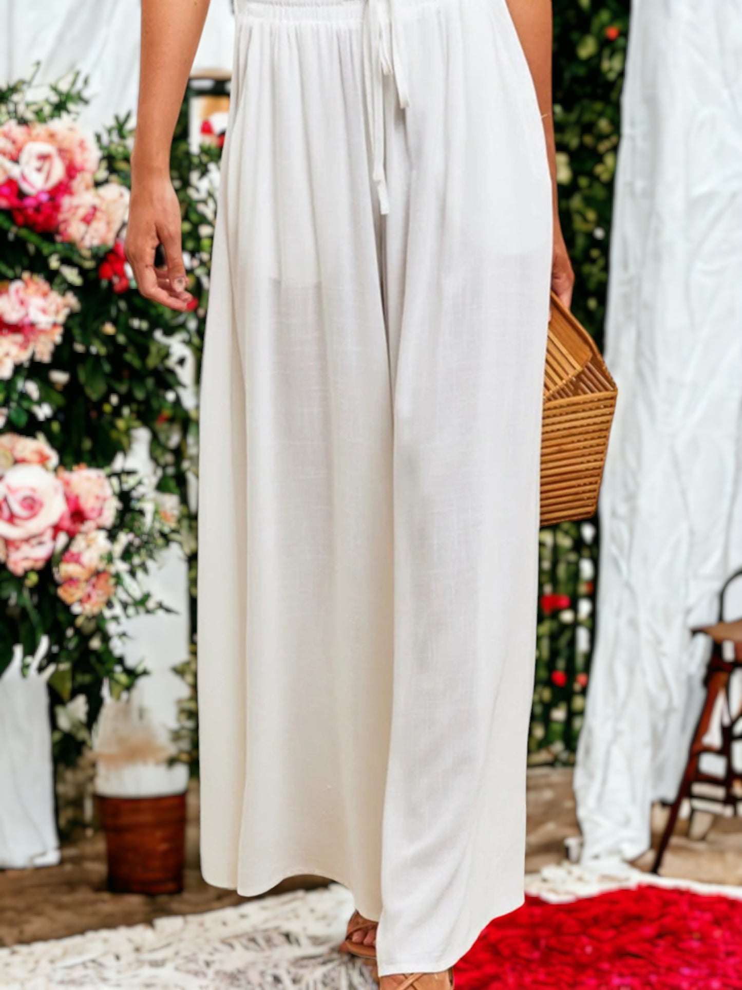 Shirred High Waist Gathered Tie Palazzo Pants