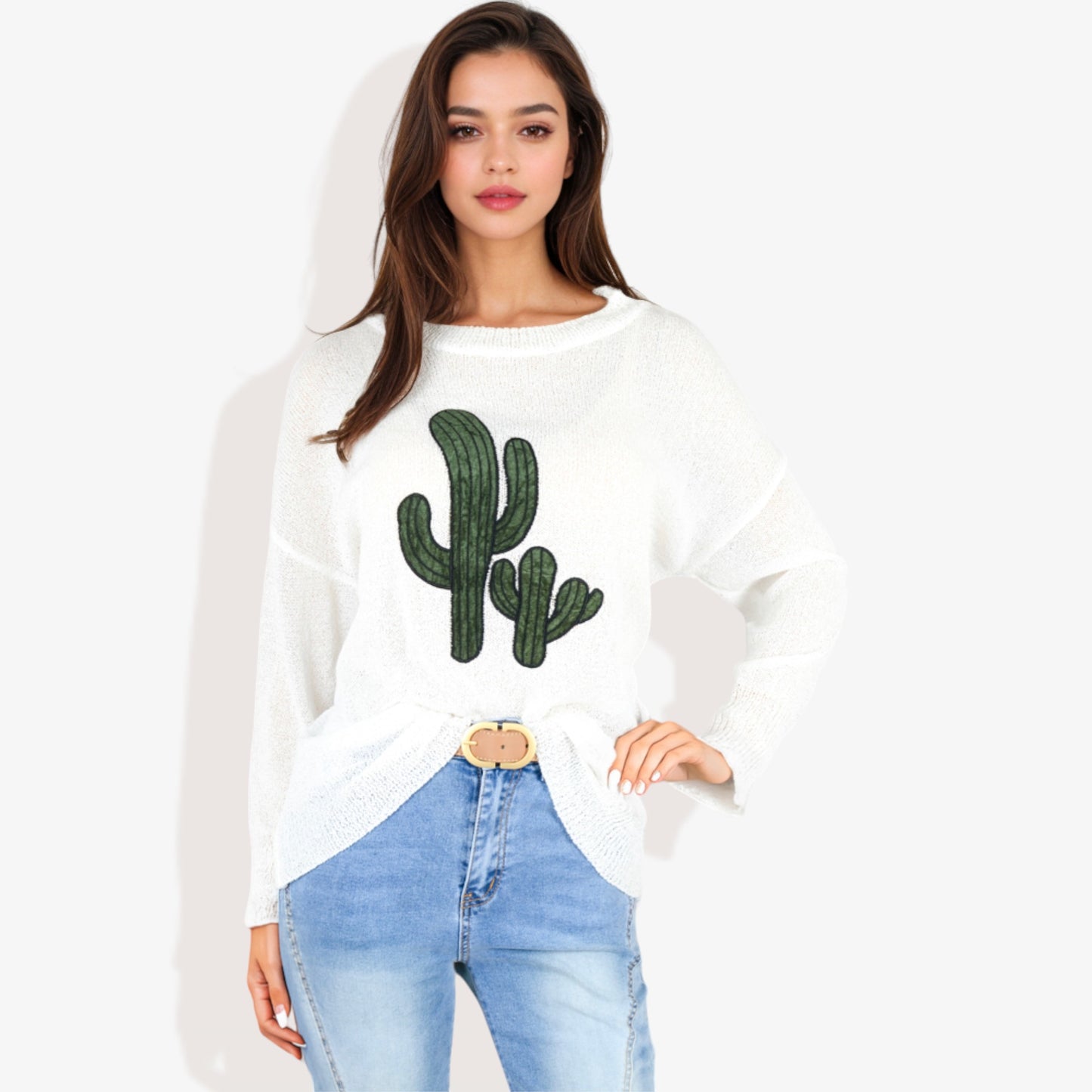 Anna-Kaci Women's Long Sleeve Knit Sweater with Cactus Embroidery and Crew Neck