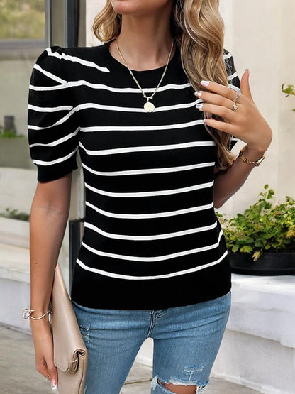 Women's Striped Knit Top with Puff Sleeves and Crew Neckline