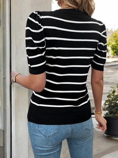 Women's Striped Knit Top with Puff Sleeves and Crew Neckline