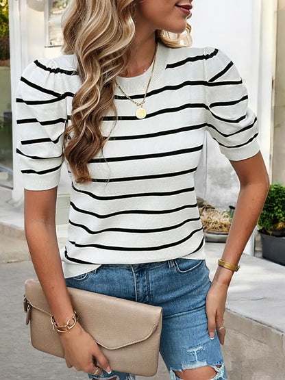 Women's Striped Knit Top with Puff Sleeves and Crew Neckline