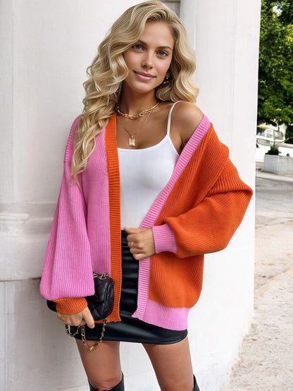 Anna-Kaci Women's Color Block Open Front Cardigan with Long Sleeves and Oversized Fit