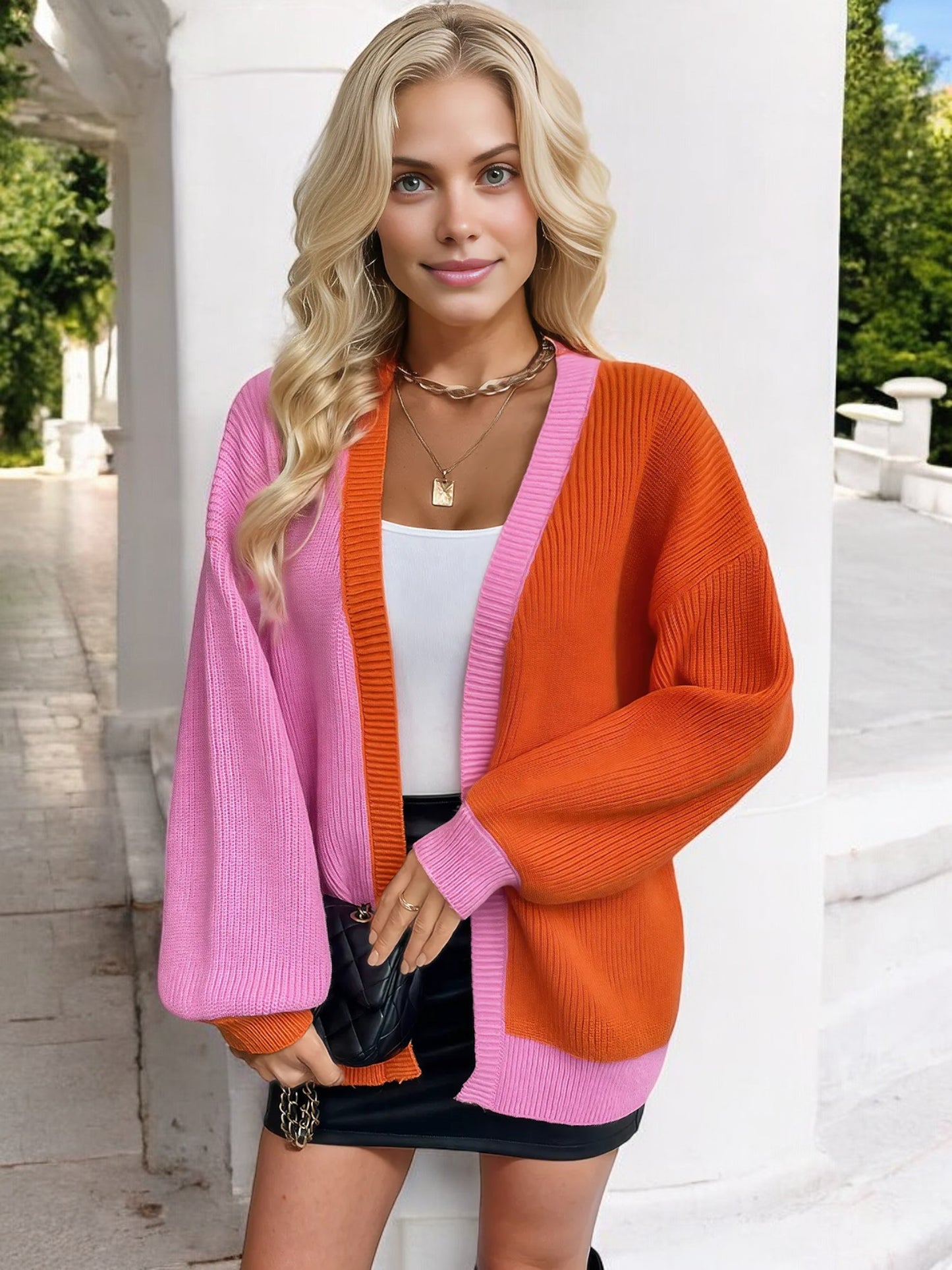 Anna-Kaci Women's Color Block Open Front Cardigan with Long Sleeves and Oversized Fit