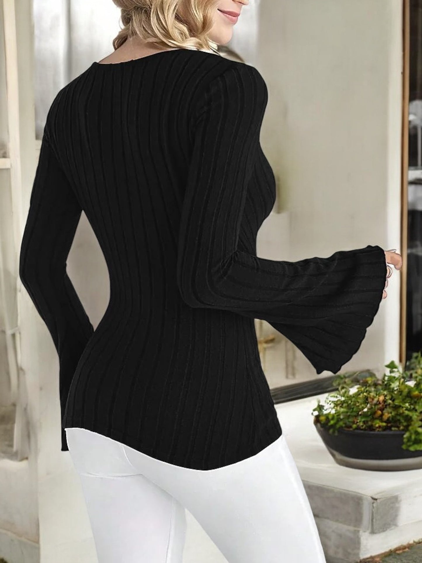 Women's Ribbed Knit Wrap Top with Bell Sleeves and Deep V-Neckline