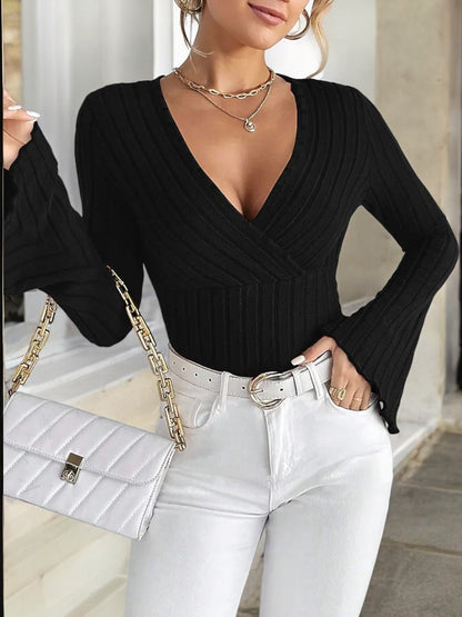 Women's Ribbed Knit Wrap Top with Bell Sleeves and Deep V-Neckline