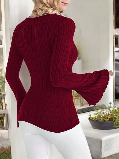 Women's Ribbed Knit Wrap Top with Bell Sleeves and Deep V-Neckline