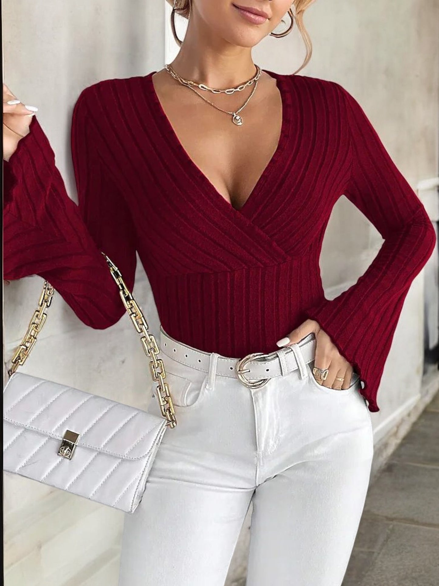 Women's Ribbed Knit Wrap Top with Bell Sleeves and Deep V-Neckline