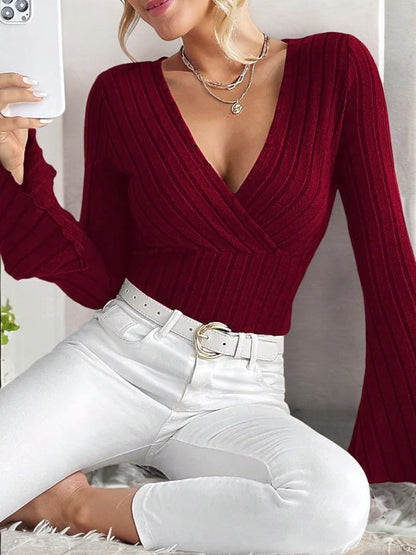 Women's Ribbed Knit Wrap Top with Bell Sleeves and Deep V-Neckline