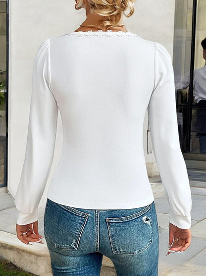 Women's Long Sleeve Ribbed Top with Scalloped Lace Trim and Square Neckline