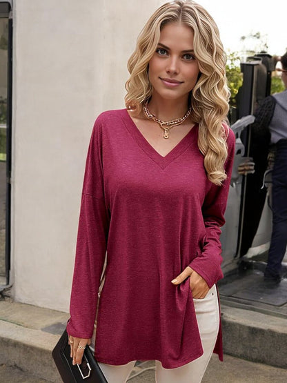 Women's Long Sleeve V-Neck Tunic Top with Relaxed Fit and Side Slits