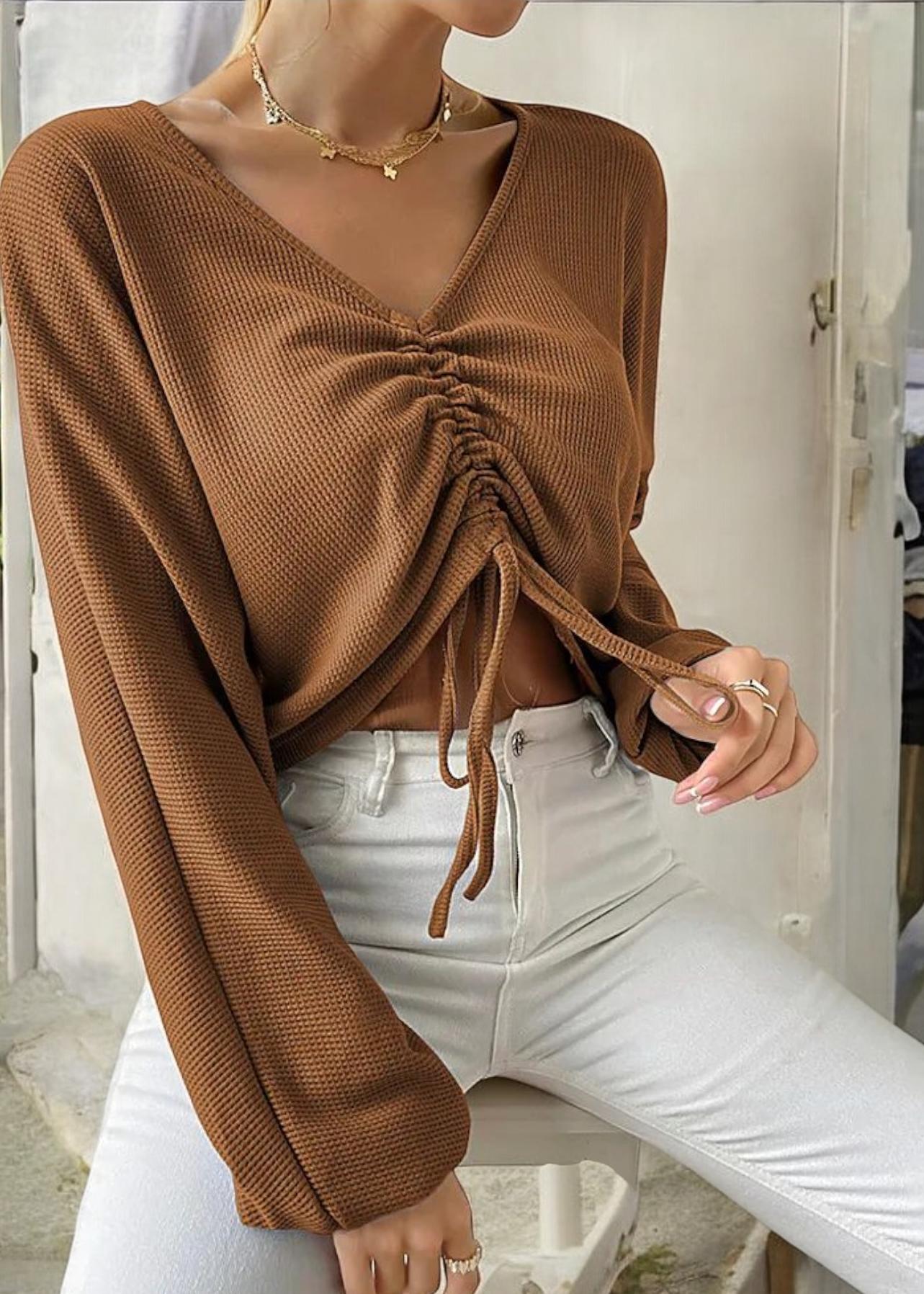 Long Sleeve V-Neck Crop Top with Ruched Drawstring Front