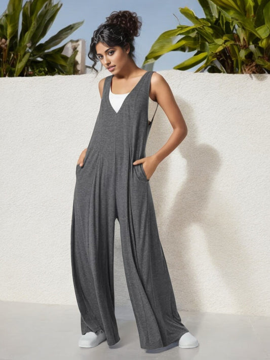 Anna-Kaci Women's V-Neck Wide Leg Jumpsuit with Side Pockets