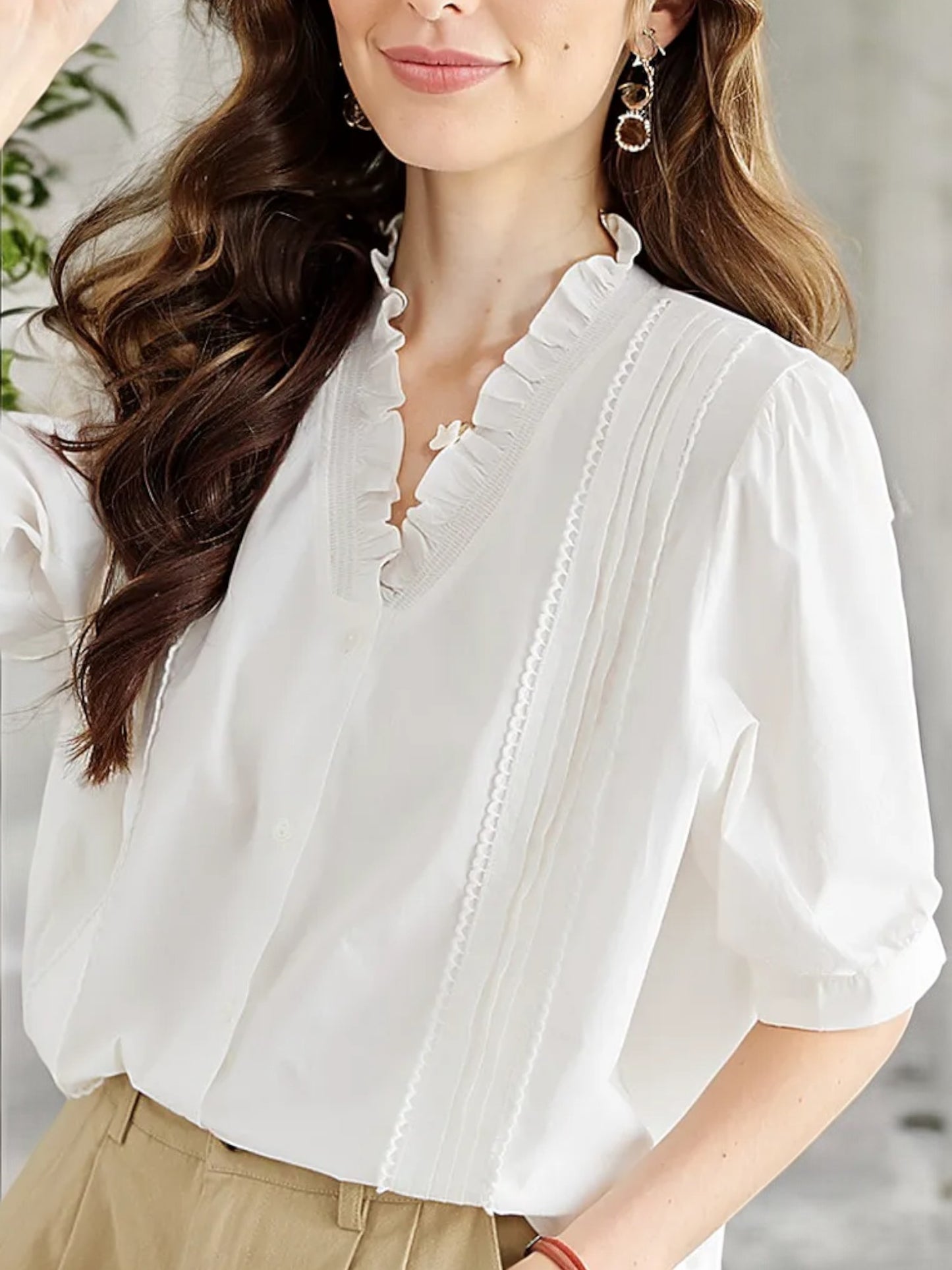 Anna-Kaci Women's Ruffle Trim V-Neck Blouse with Puff Sleeves and Lace Detailing