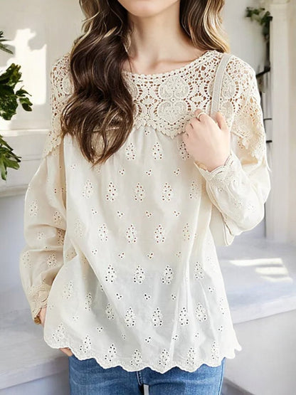 Anna-Kaci Women's Long Sleeve Eyelet Lace Blouse with Crochet Yoke and Scalloped Hem