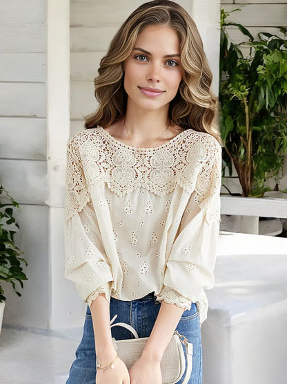 Anna-Kaci Women's Long Sleeve Eyelet Lace Blouse with Crochet Yoke and Scalloped Hem