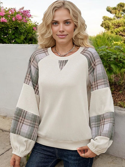 Anna-Kaci Women's Plaid Sleeve Pullover with Keyhole Detail and Balloon Sleeves