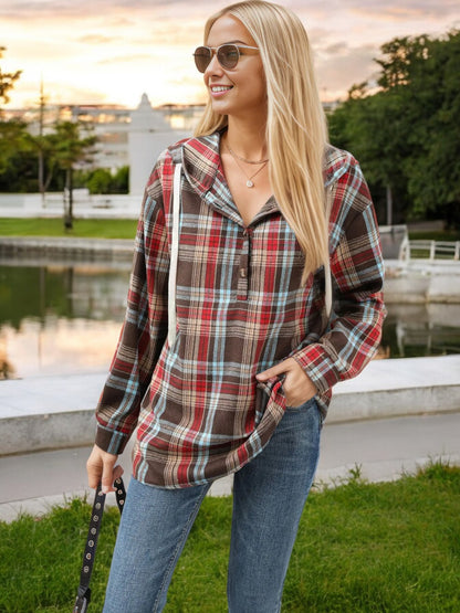 Plaid Hooded Button-Up Shirt with Drawstring Detail