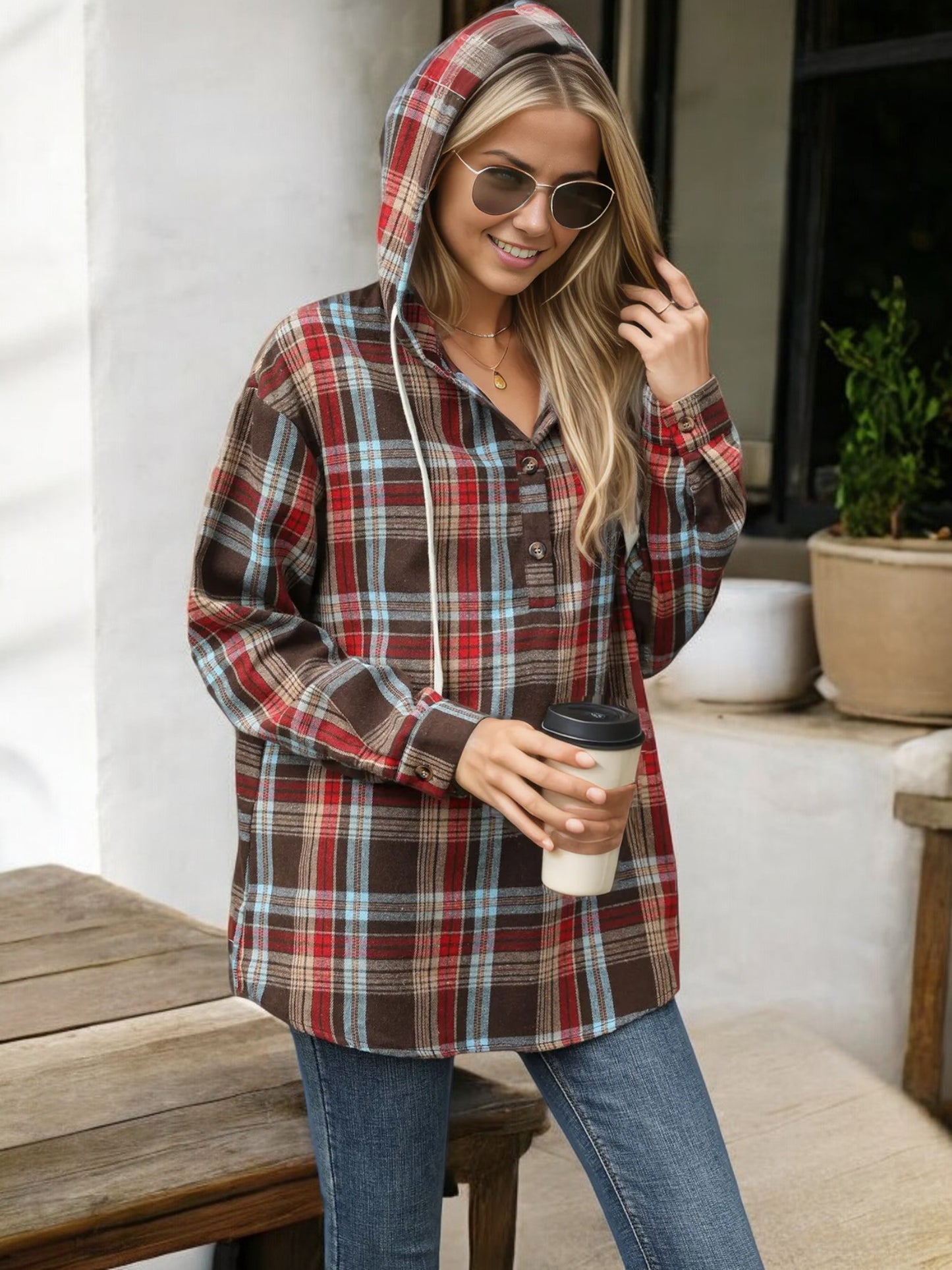 Plaid Hooded Button-Up Shirt with Drawstring Detail