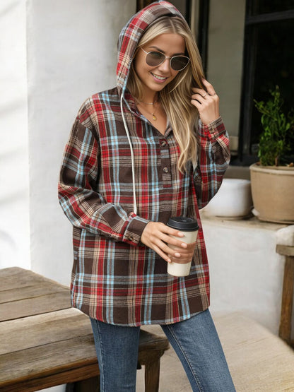 Plaid Hooded Button-Up Shirt with Drawstring Detail