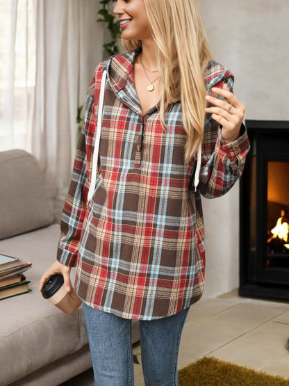 Plaid Hooded Button-Up Shirt with Drawstring Detail