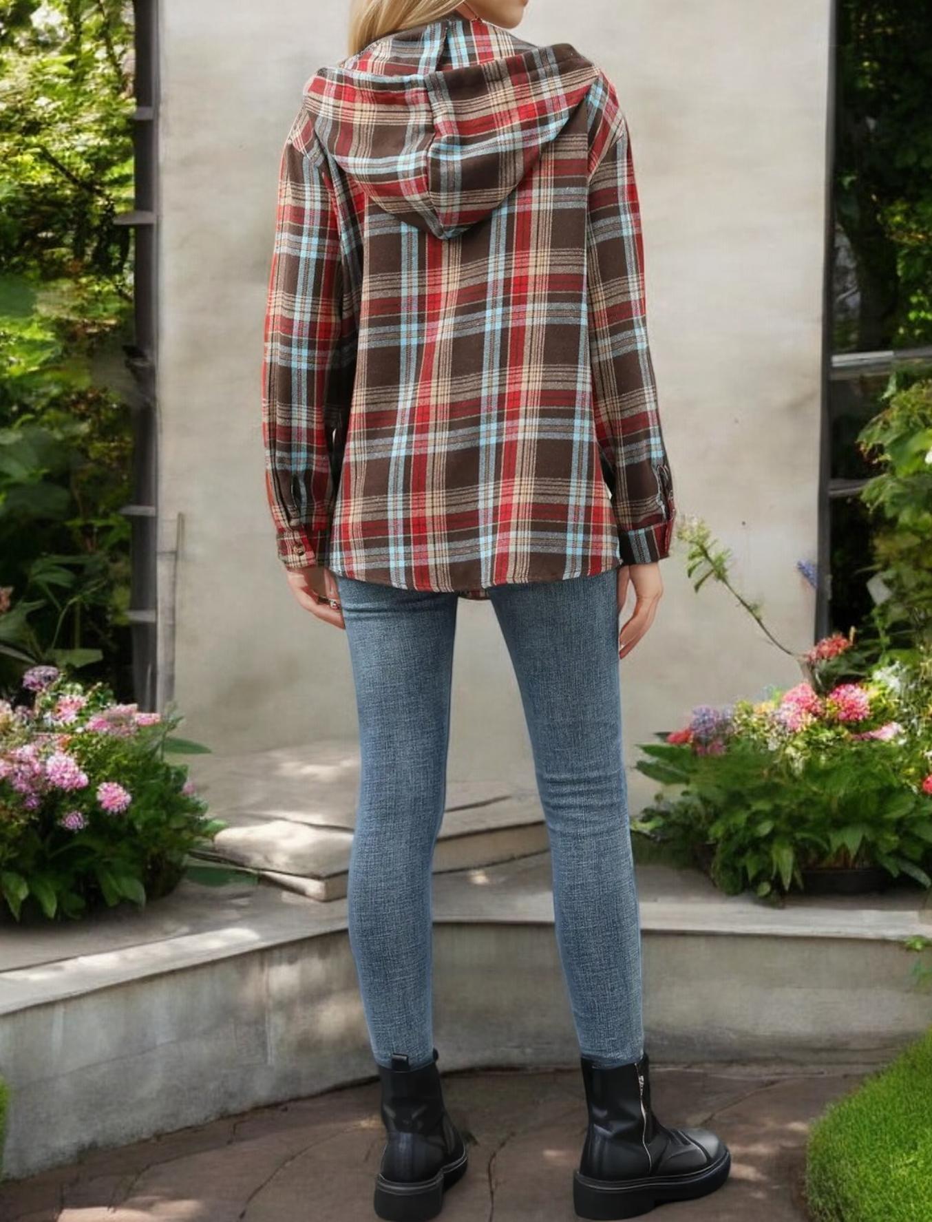 Plaid Hooded Button-Up Shirt with Drawstring Detail