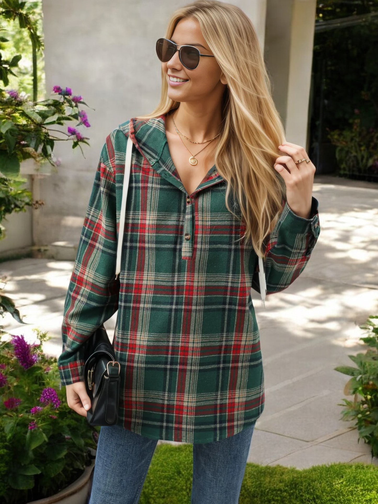 Plaid Hooded Button-Up Shirt with Drawstring Detail