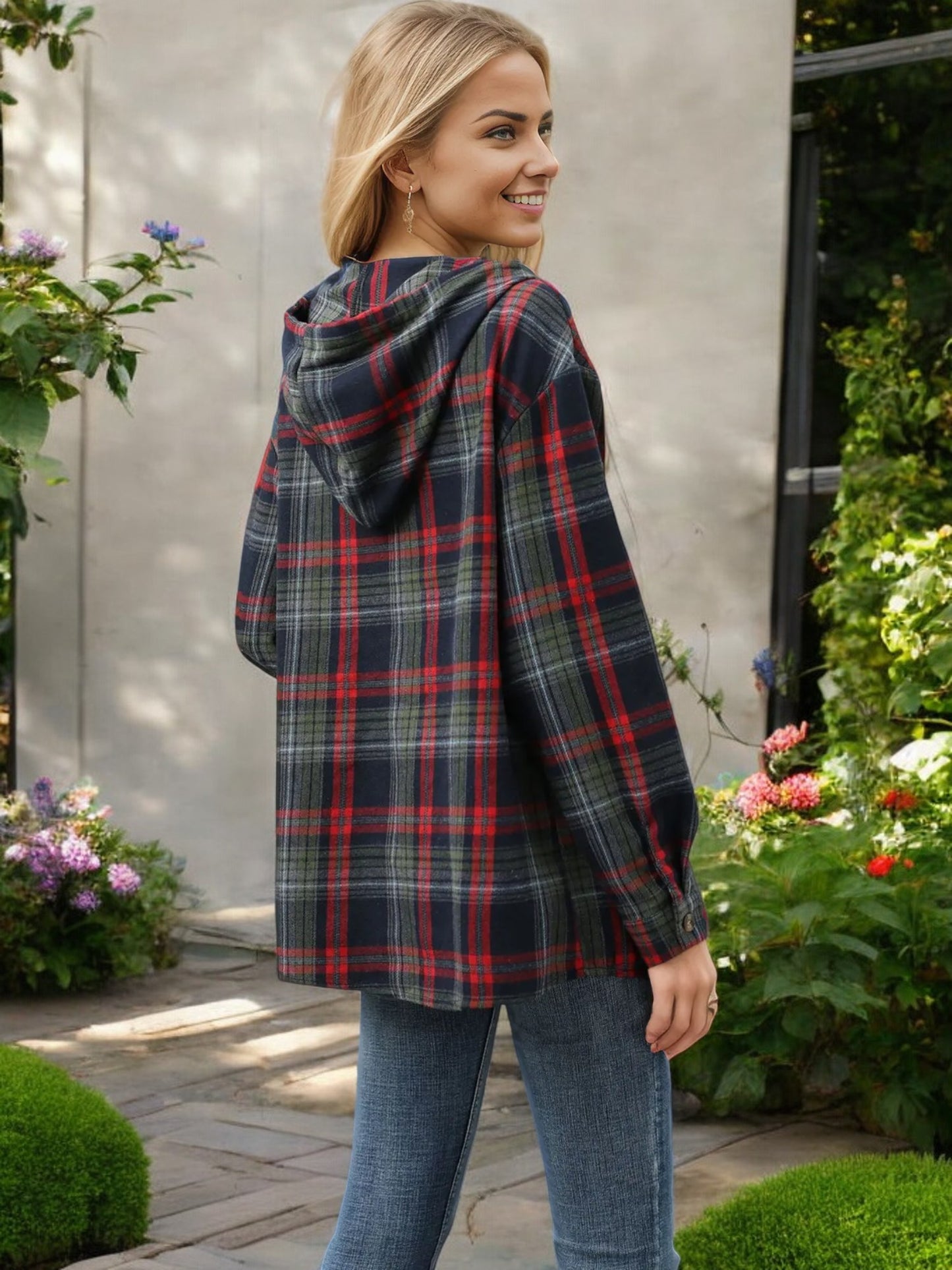 Plaid Hooded Button-Up Shirt with Drawstring Detail