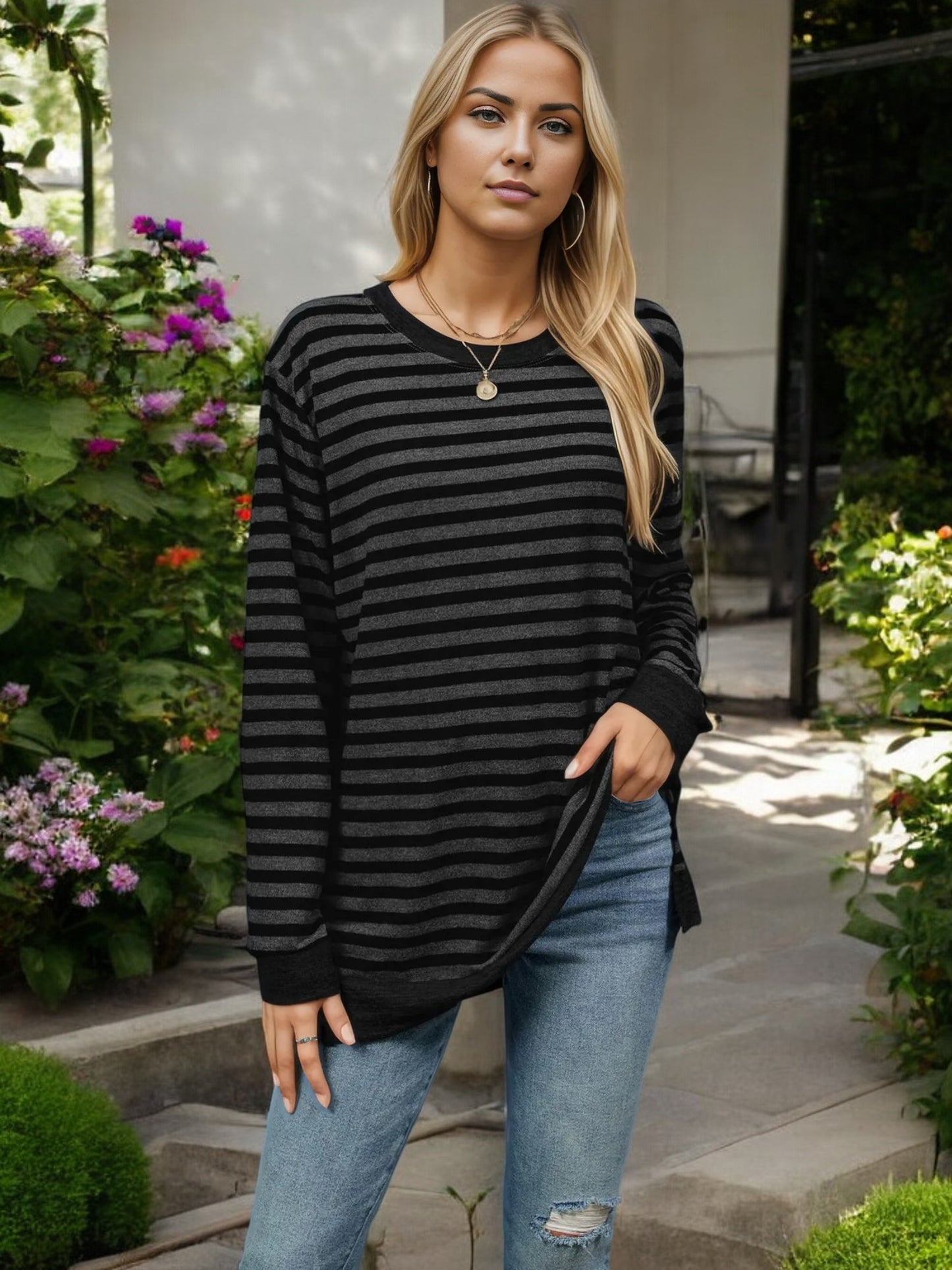 Striped Long Sleeve Knit Top with Side Slit Detail