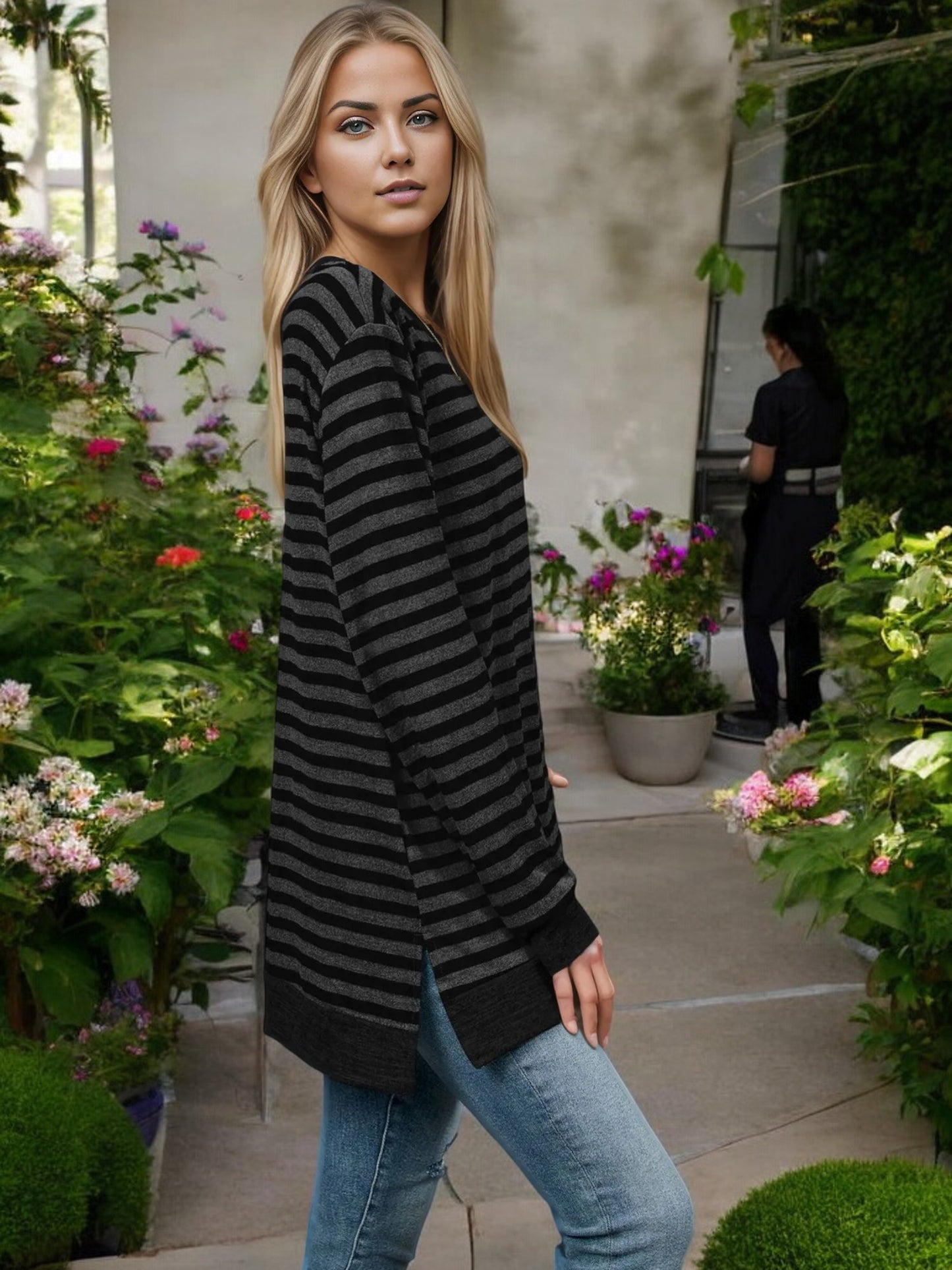 Striped Long Sleeve Knit Top with Side Slit Detail