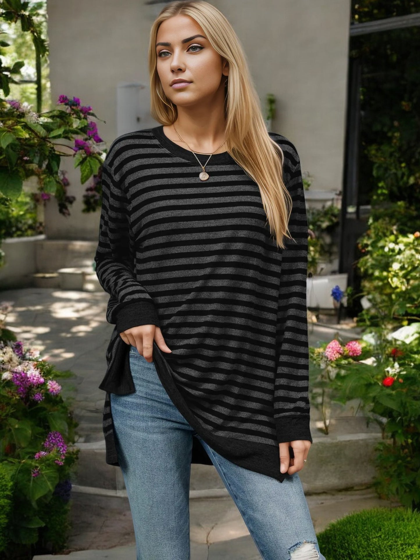 Striped Long Sleeve Knit Top with Side Slit Detail