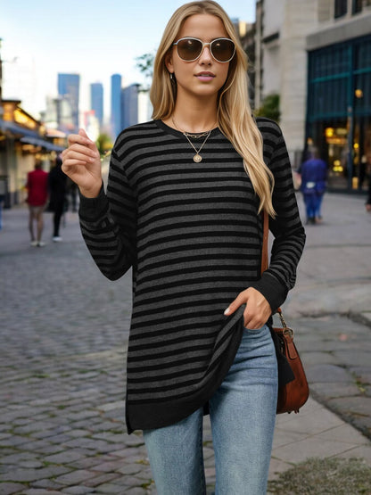 Striped Long Sleeve Knit Top with Side Slit Detail