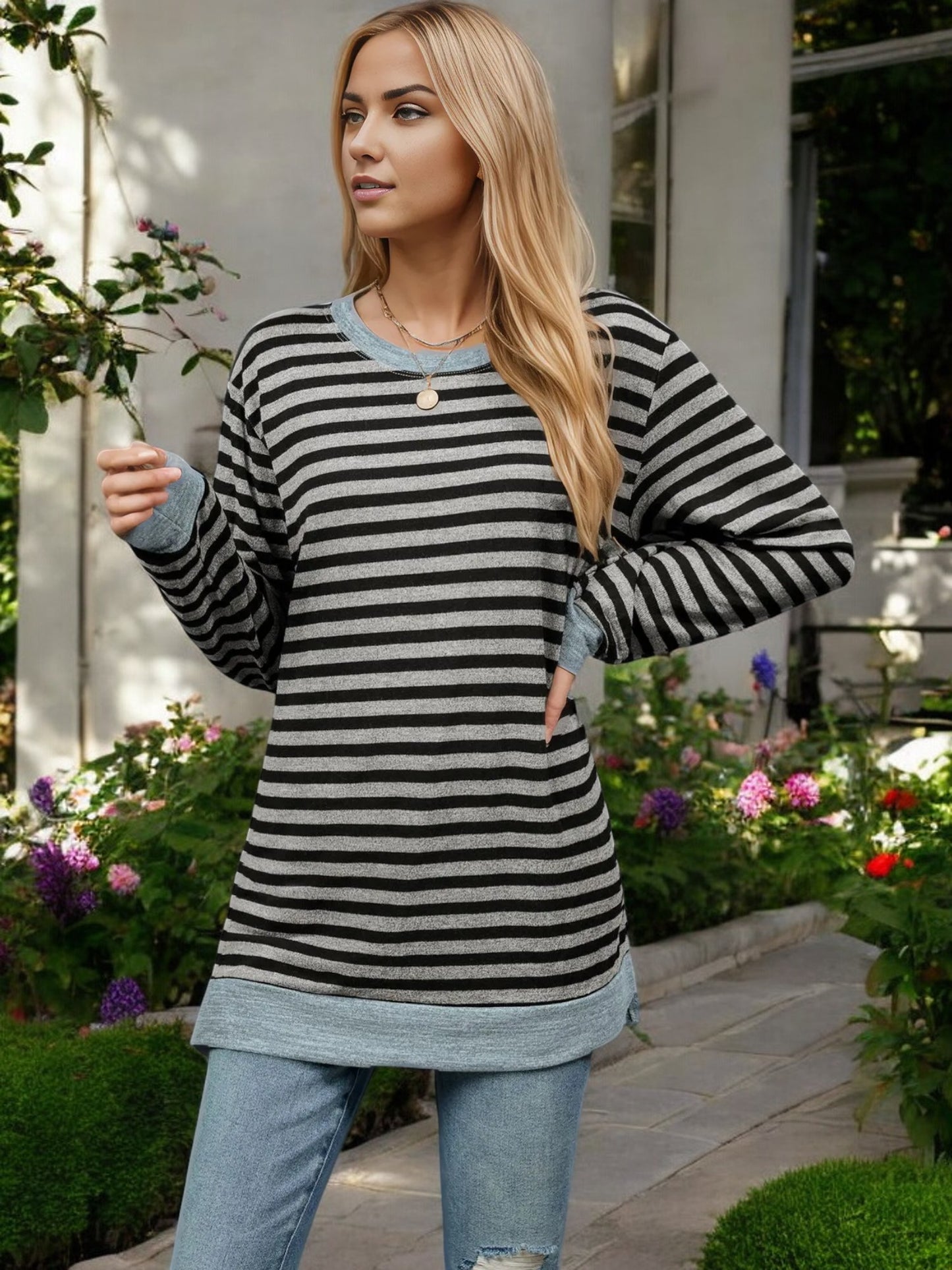 Striped Long Sleeve Knit Top with Side Slit Detail