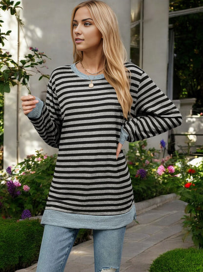 Striped Long Sleeve Knit Top with Side Slit Detail