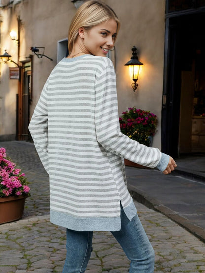 Striped Long Sleeve Knit Top with Side Slit Detail