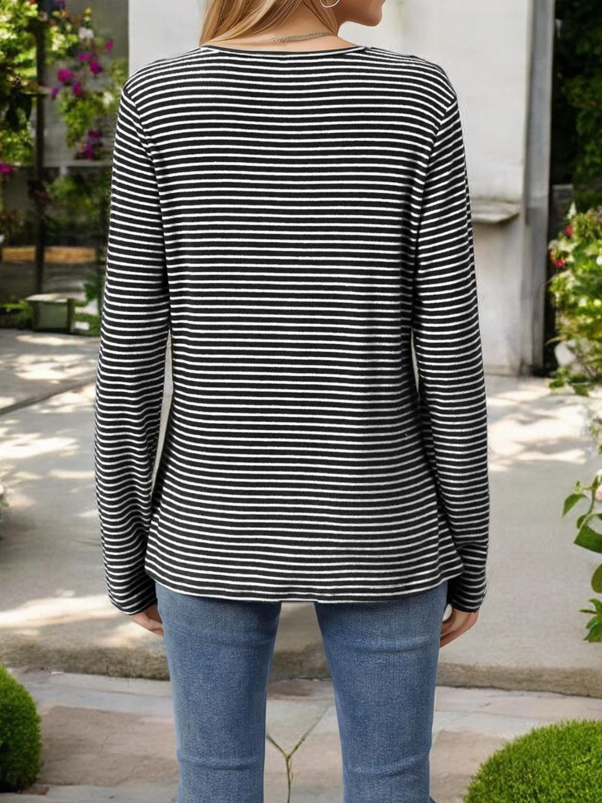 Striped Long Sleeve Henley Top with Button Details